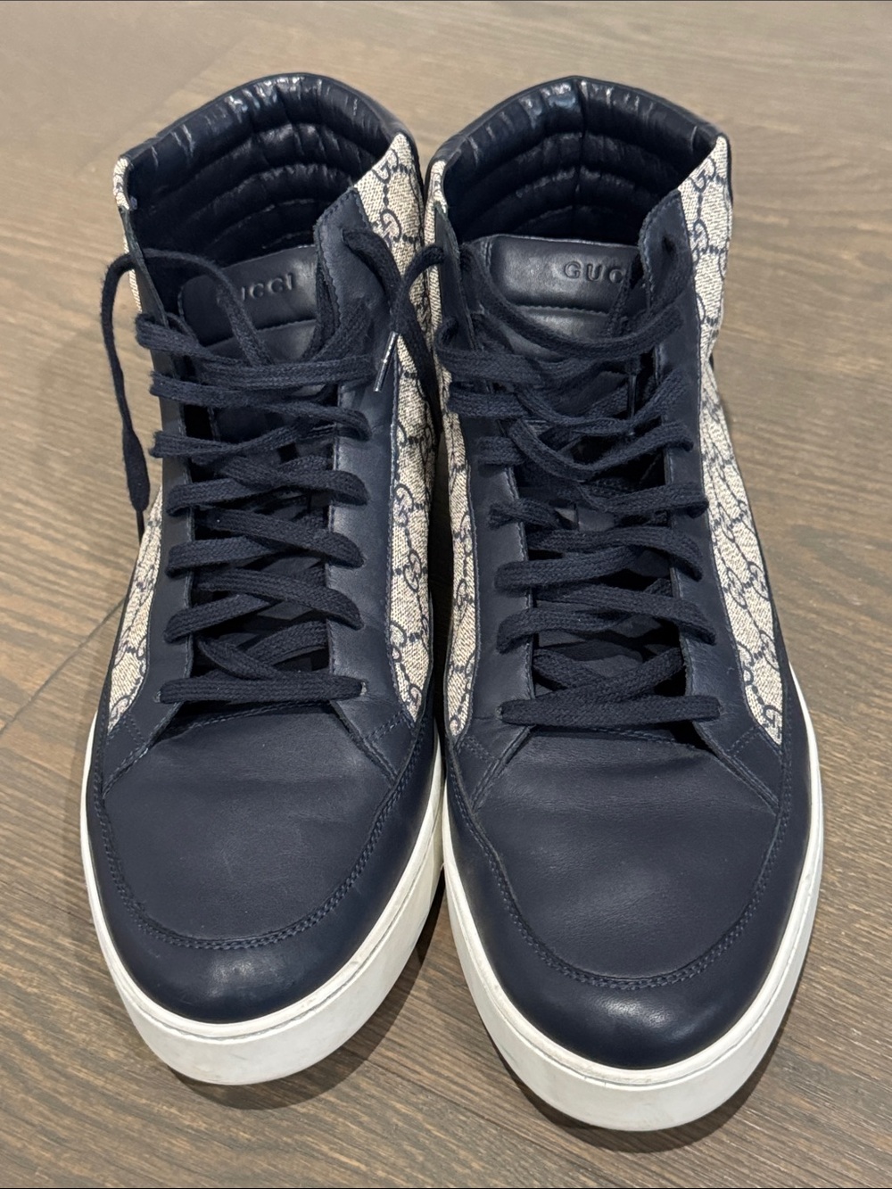 Authentic Vintage Men’s Gucci Navy and Beige High-Top Sneakers